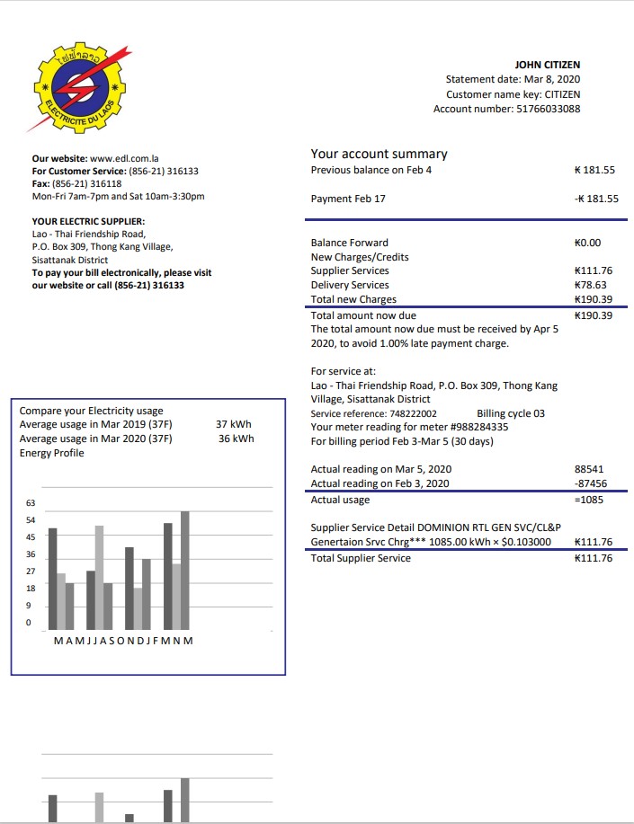 Laos Electricite du Laos electricity utility bill template in Word and PDF format